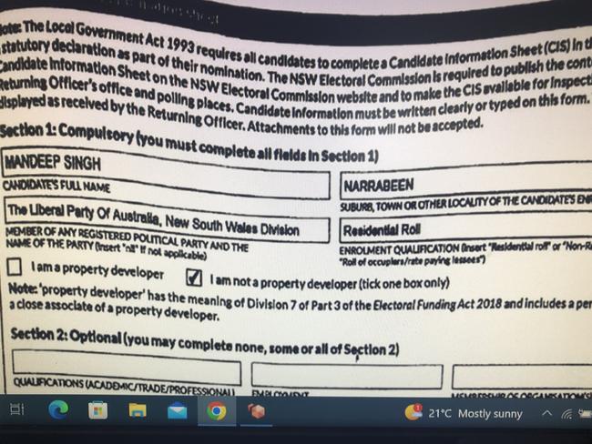 The candidate nomination form for Mandeep 'Sunny' Singh to run in the election for Northern Beaches Council.