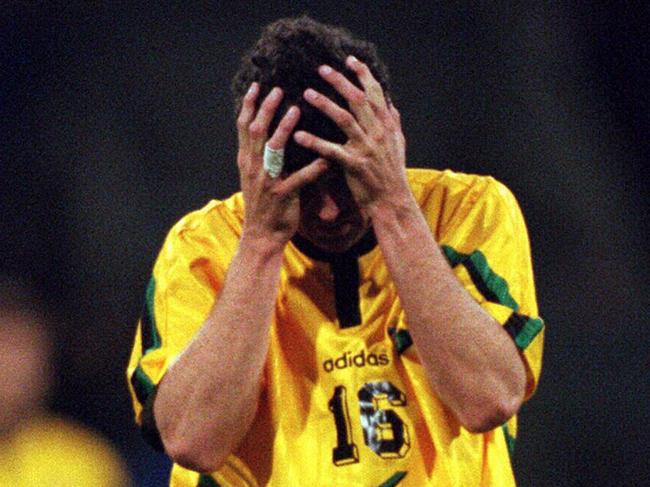 Socceroo player Graham Arnold crying after losing. Soccer - Australia vs Iran World Cup qualifying match at the MCG 29 Nov 1997.