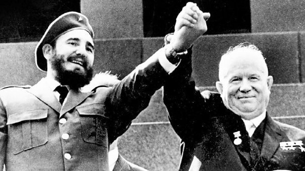 Cuban president Fidel Castro with Soviet Premier Nikita Khrushchev during Castro's first visit to Moscow in April 1963.