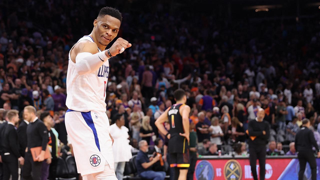 PHOENIX, ARIZONA - APRIL 16: Russell Westbrook #0 of the LA Clippers celebrates following Game One of the Western Conference First Round Playoffs at Footprint Center on April 16, 2023 in Phoenix, Arizona. The Clippers defeated the Suns 115-110. NOTE TO USER: User expressly acknowledges and agrees that, by downloading and or using this photograph, User is consenting to the terms and conditions of the Getty Images License Agreement. Christian Petersen/Getty Images/AFP (Photo by Christian Petersen / GETTY IMAGES NORTH AMERICA / Getty Images via AFP)