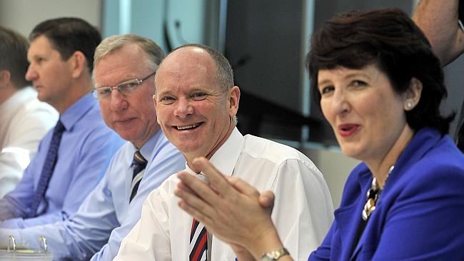 Premier Campbell Newman (second from right) flanked by (from left) Health Minister Lawrence Springborg, Deputy Premier and State Development, Infrastructure and Planning Minister Jeff Seeney, and Speaker and Member for Maroochydore Fiona Simpson at community Cabinet on the Sunshine Coast. Pic: Brad Cooper