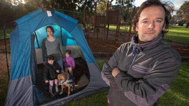 Tao Langham has gone to the extreme measure of buying a tent and mattress for his pregnant wife Sara, daughters Ilaria and Oceane and dog Ziggy to use to escape construction noises near their Kew home. Picture: Tony Gough