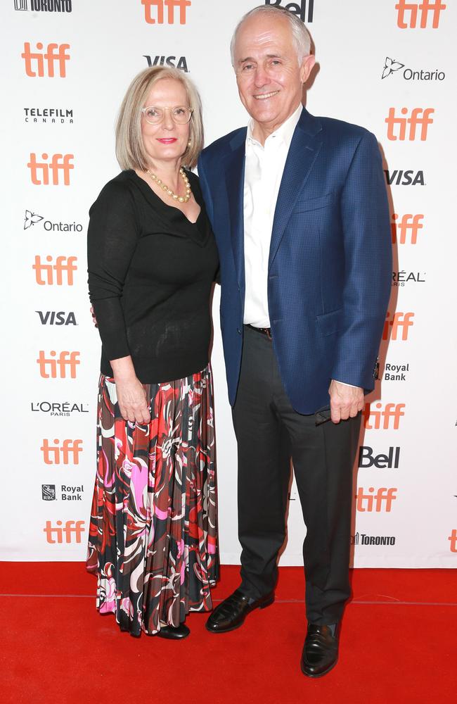 Malcolm Turnbull, with wife Lucy, at the premiere of 22 July in Canada this week - far from Australia but not leaving the politics behind. Picture: Getty Images