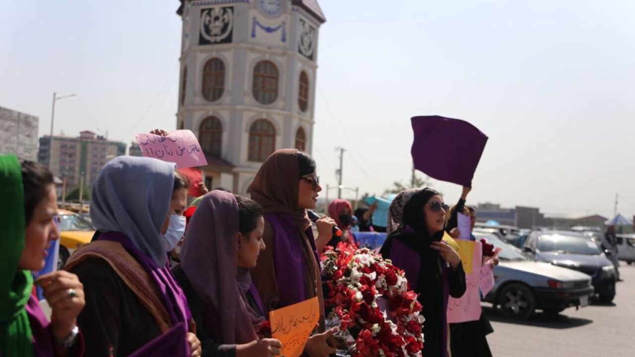 A group of women stage a rally in Kabul calling on the Taliban to ensure equal rights and allow them to be contributing members of Afghan society. Picture: Bilal Guler/Anadolu Agency via Getty Images