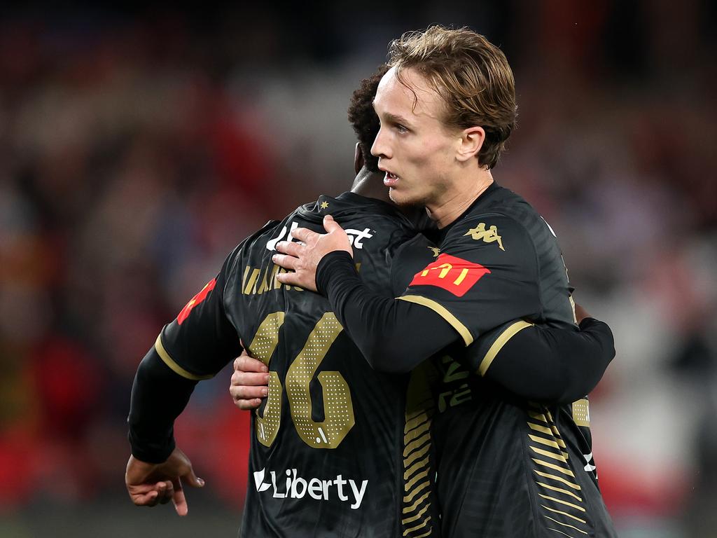 Jake Hollman celebrates with Nestory Irankunda of the A-League All Stars after scoring a goal during the exhibition match between A-League All Stars Men and Newcastle United FC at Marvel Stadium on May 24, 2024 in Melbourne, Australia. (Photo by Robert Cianflone/Getty Images)