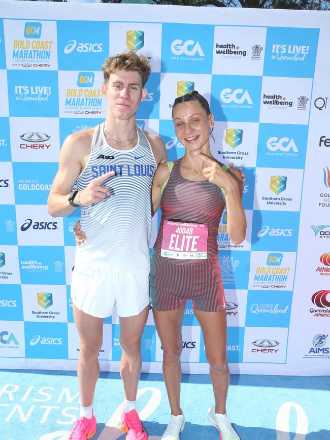 Gold Coast Marathon 2023 5km fun run winners HARRISON MARTINENKO and OLGA FIRSOVA 1 July 2023 Southport Picture by Richard Gosling