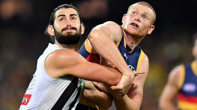 As one of the premier ruckman in the competition, Grundy has had plenty of battles against big men from South Australian teams. Picture: Getty Images