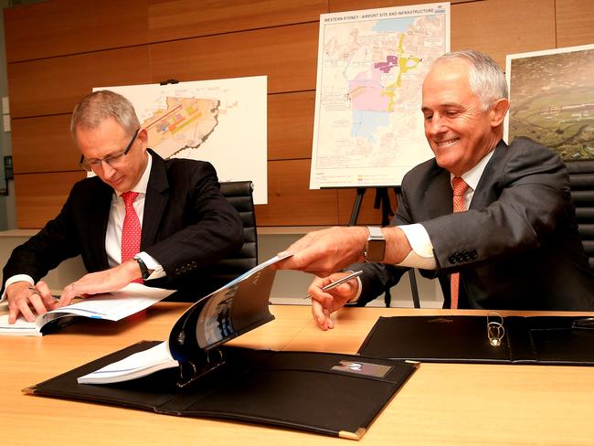 Prime Minister Malcolm Turnbull and the Minister for Urban Infrastructure Paul Fletcher release the finalised Western Sydney Airport Plan. Picture: Stephen Cooper