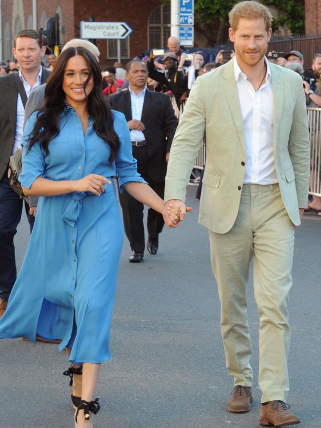 She wore the same dress in Cape Town yesterday during the Sussexes’ tour of Africa. Picture: Henk Kruger