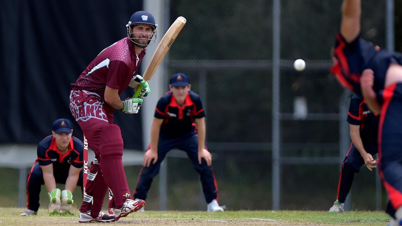 Caboolture batsman Glen Batticciotto keeps an eye on the ball.