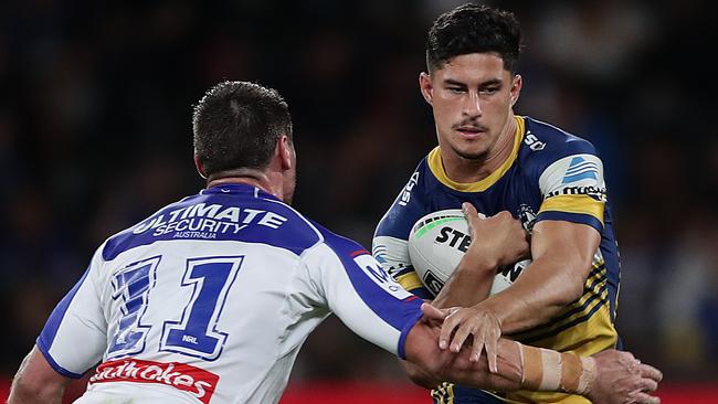 Parranatta’s Dylan Brown tries to get through the tackle of Canterbury’s Josh Jackson. Picture: Getty Images