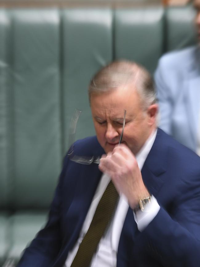 Australian Opposition Leader Anthony Albanese reacts during Question Time. Picture: Lukas Coch/AAP