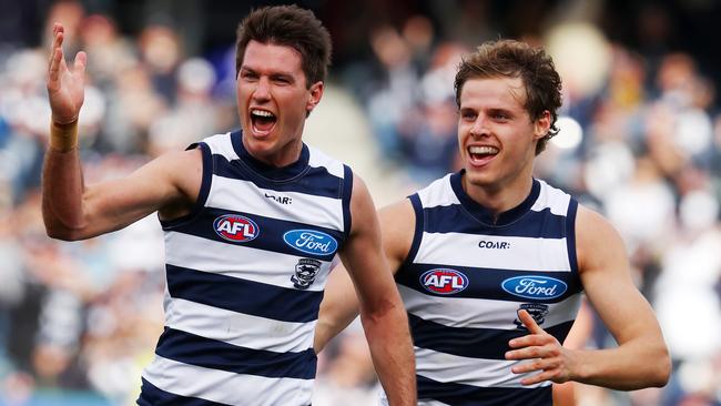 Geelong celebrates victory over Richmond. Picture: Michael Klein.