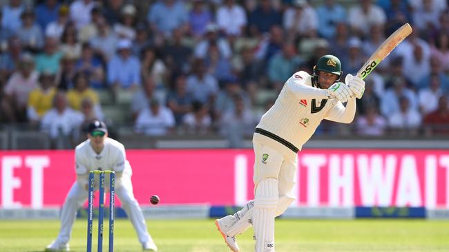 Usman Khawaja plays an expansive shot early in Australia’s second innings. Picture: Getty