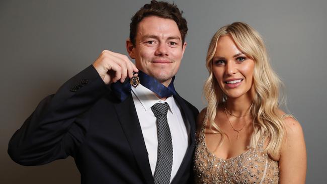 2020 Brownlow medallist Lachie Neale of the Brisbane Lions with wife Julie. Picture: Michael Klein