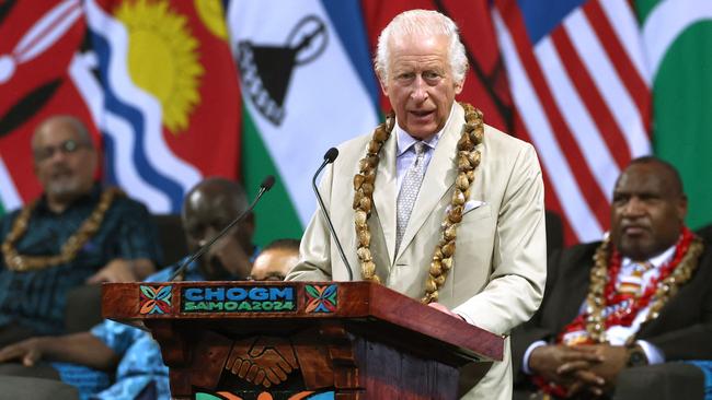 Britain's King Charles III delivers a speech during the opening ceremony for the Commonwealth Heads of Government Meeting in Apia, Samoa. Picture: AFP