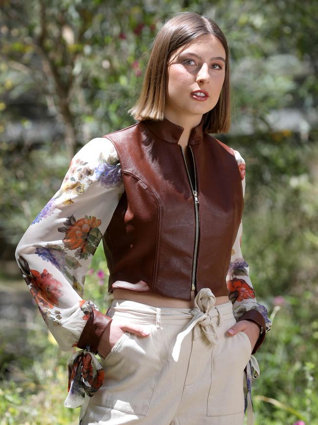 Model Moana Harder wearing Roo-Newable Fashion Design Competition winner Ruby Mariniello’s kangaroo leather top at Morialta. Picture: Dean Martin