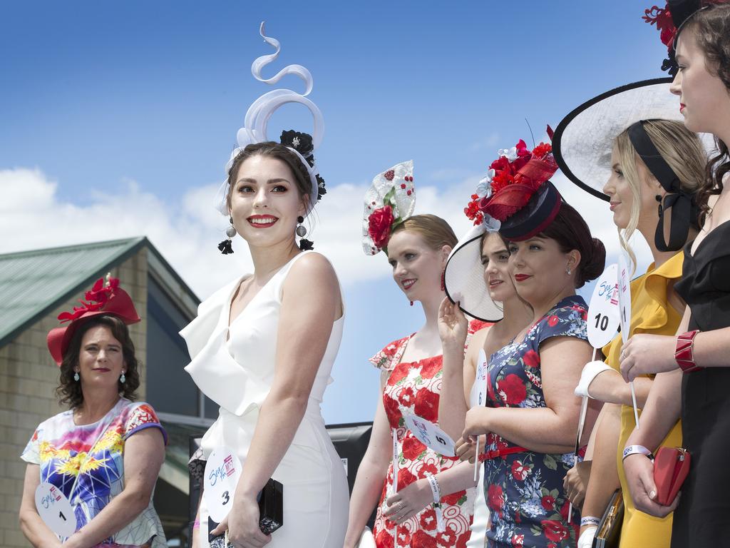 Kristen Febey, of Latrobe, after winning the millinery section of Fashion on the Field at the Devonport Cup. Picture: CHRIS KIDD