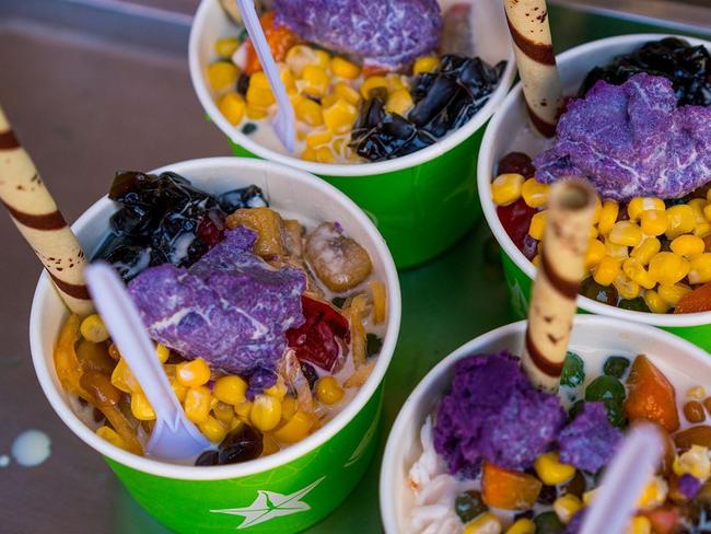 Halo halo roughly translates to mix-mix, encouraging you to blend the varied colours and textures in your bowl.