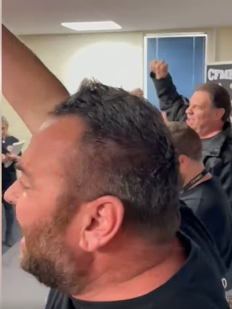 Screenshots of a video taken inside the CFMEU SA meeting last night, which show new secretary John Setka in attendance. Picture: CFMEU SA / Facebook