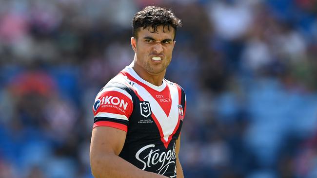 Joseph Suaalii has been put on report for a late tackle in the Roosters clash against the Warriors. Credit: NRL Images.