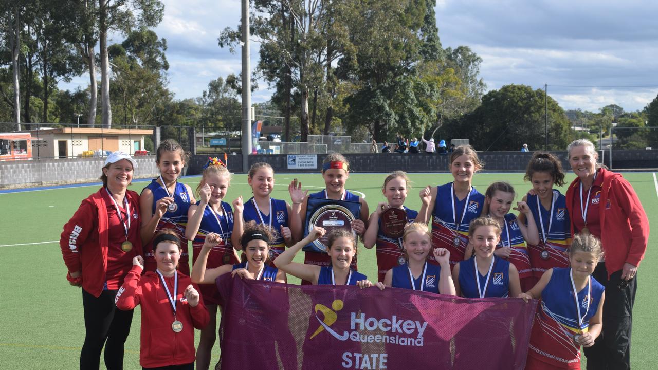 2021 Under 13 Girls State Championships – Division 1 winners Brisbane 1 (no order): Vanessa Infanti, Poppy Lind, Jamee Draper, Chloe D'Hage, Josie Burgess, Ruby Price, Carissa Graham, Bless Daly, Lily Punch, Aryel Bisseling, Addison Free, Elke Cooper (captain), Matilda De Zilva, Isobel McKeon (GK), Kelly Free (coach), Kerri McKeon (manager). Pictures: Josh Preston
