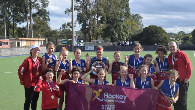 2021 Under 13 Girls State Championships – Division 1 winners Brisbane 1 (no order): Vanessa Infanti, Poppy Lind, Jamee Draper, Chloe D'Hage, Josie Burgess, Ruby Price, Carissa Graham, Bless Daly, Lily Punch, Aryel Bisseling, Addison Free, Elke Cooper (captain), Matilda De Zilva, Isobel McKeon (GK), Kelly Free (coach), Kerri McKeon (manager). Pictures: Josh Preston