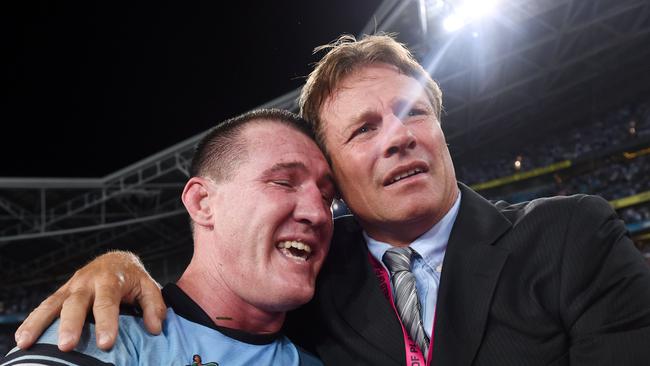 An emotional Gallen with club legend Andrew Ettingshausen. Picture: AAP/Paul Miller