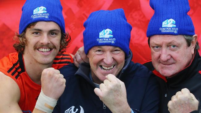 Joe Daniher of the Bombers, Neale Daniher and Kevin Sheedy. Picture: Michael Dodge/Getty Images