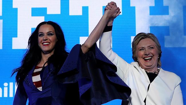 Democratic presidential nominee former and Secretary of State Hillary Clinton with celeb supporter Katy Perry. Picture: Getty Images