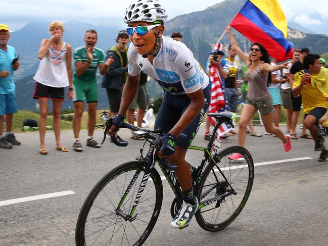 Tour de France - stage 19 - Saint-Jean-De-Maurienne to La Toussuire. Nairo Quintana makes his way up the last climb of the day towards the finish - Columbian fans in the background. Photo Sarah Reed.