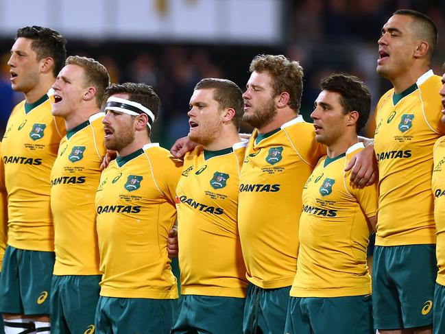 PERTH, AUSTRALIA - SEPTEMBER 17: The Wallabies sing the Australian national anthem during the Rugby Championship match between the Australian Wallabies and Argentina at nib Stadium on September 17, 2016 in Perth, Australia. (Photo by Paul Kane/Getty Images)