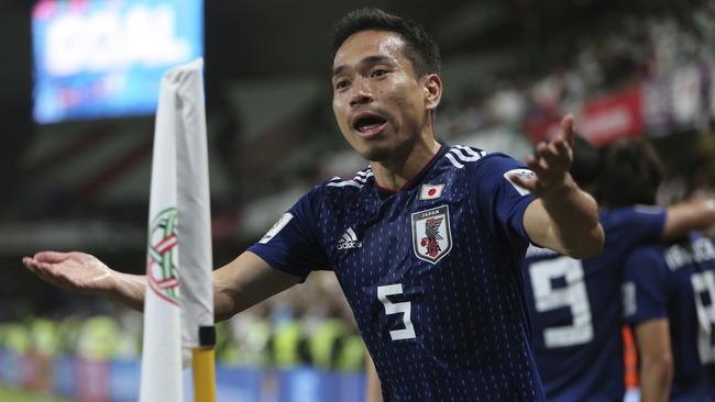 Japan's defender Yuto Nagatomo celebrates after Genki Haraguchi scoring his side's third goal during the AFC Asian Cup semifinal soccer match between Iran and Japan at Hazza Bin Zayed Stadium in Al Ain, United Arab Emirates, Monday, Jan. 28, 2019. (AP Photo/Kamran Jebreili)