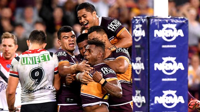 James Segeyaro celebrates his match-winning try. Picture: Bradley Kanaris/Getty Images