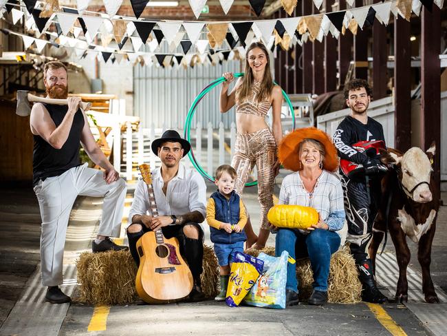 Woodchopper Jake Schulz, musician Pat Harman, performer Sarah Trotta, Alfie Heinrich, 3 gardening guru Sophie Thompson and Motocross rider Lucas Mantas gearing up for this year’s Show – the first since the Covid pandemic. Picture: Tom Huntley