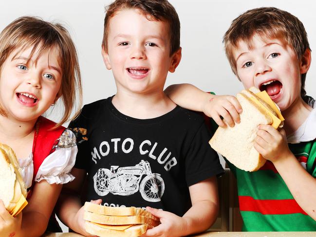 White diet warning.Sofia Melo, 4, Levi Carter, 5 and Kydon Moane, 4, rarely tuck into a white bread sandwich.Picture: NIGEL HALLETT