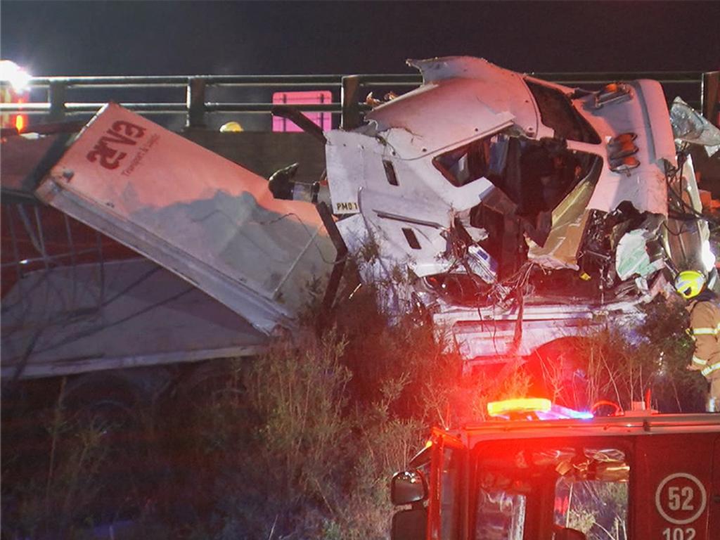 A truck has toppled over on Western Ring Rd at Tullamarine. Picture: Supplied/Nine News