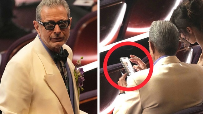 Jeff Goldblum caught checking out his Oscars 2025 red carpet photos.