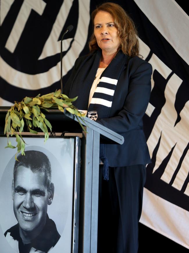 Kim Farmer at her father’s memorial service. Picture: Mike Dugdale