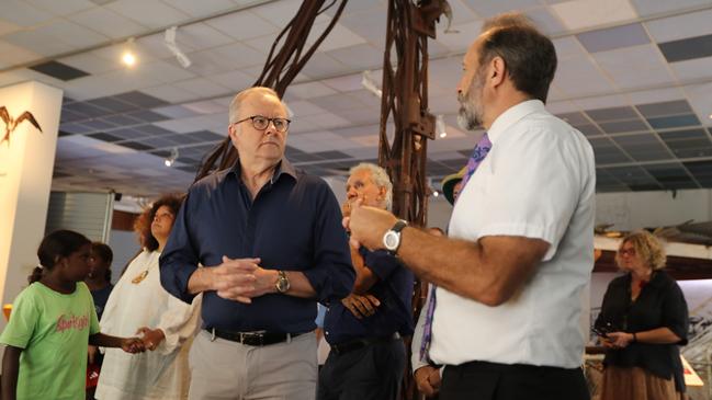 Prime Minister Anthony Albanese given a tour through the MAGNT Cyclone Tracy exhibition by Territory historian Jared Archibald on December 24, 2024. Picture: Sam Low