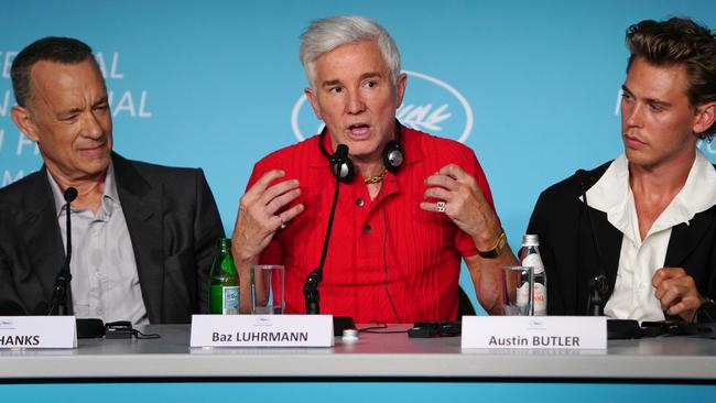 Tom Hanks, Director Baz Luhrmann and Austin Butler at the press conference for Elvis during the 75th annual Cannes film festival last month. Picture: Pool/Getty Images