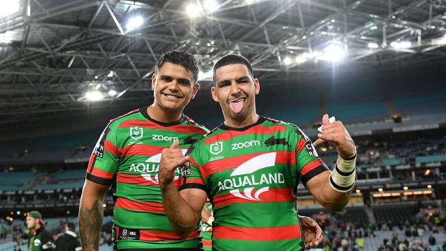 Latrell Mitchell and Cody Walker celebrate a Bunnies win. NRL Photos.