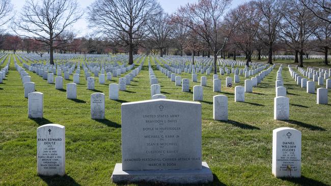 Headstones for soldiers killed in Operation Iraqi Freedom at Arlington cemetery in Virginia. Picture: AFP