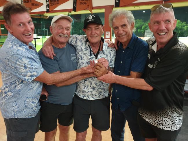 The night Flash came home ... Peter 'Flash' Belford, third from left, celebrates the return of his 1980-81 Chaney Medal with Garry Smart, John Stokes, Charlie King and Gary Belford. Picture: Grey Morris