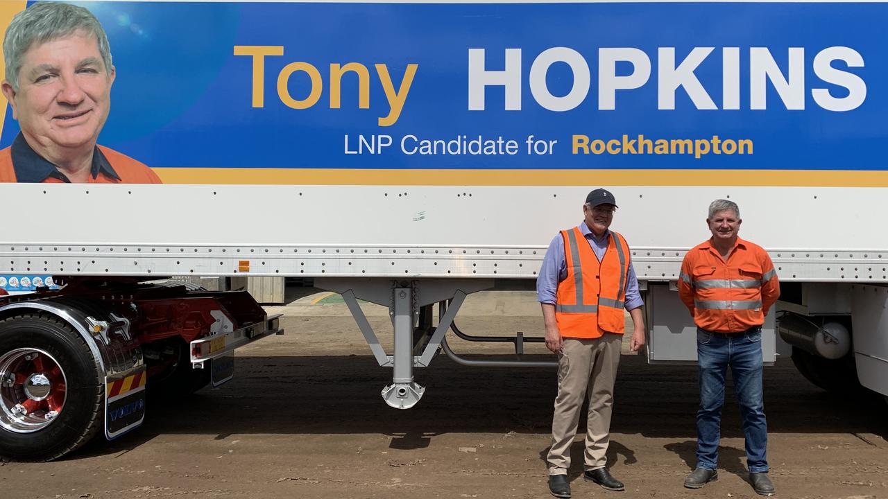 PROMINENT SIGNAGE: Prime Minister Scott Morrison with the LNP’s Rockhampton candidate Tony Hopkins during a visit to Rockhampton last week.