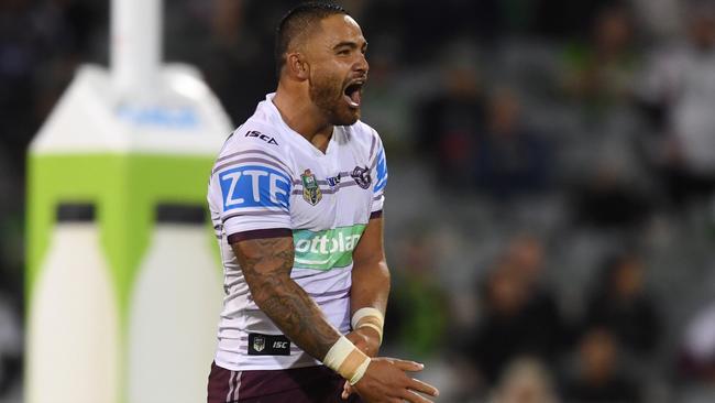 Dylan Walker celebrates after winning the game for Manly.