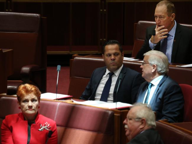 Pauline Hanson has moved to force Fraser Anning (top right) from the Senate. Picture: Gary Ramage