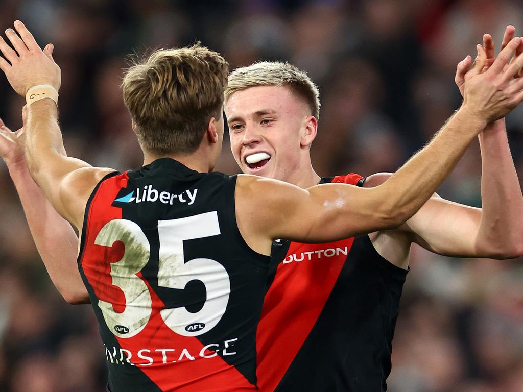 Nate Caddy had plenty to be happy about after playing a key role in Essendon’s win over Collingwood. Picture: Getty Images