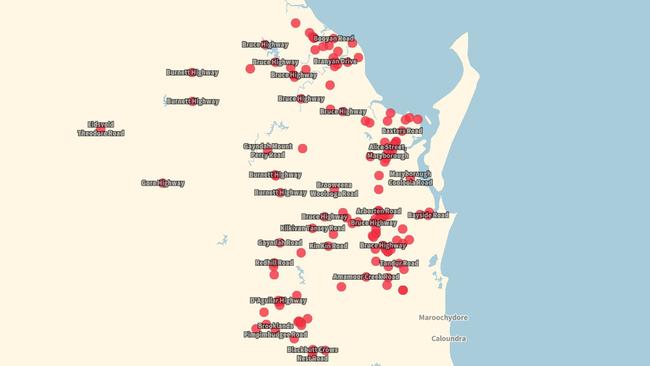 Map showing locations RACQ members voted on most unroadworthy roads in Wide Bay Burnett