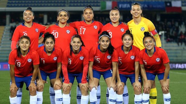 Maria Jose Rojas (bottom row far right) and the Chilean national team's starting line up against Italy in a friendly in Italy in January. Picture: Supplied